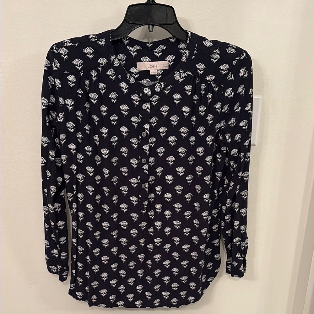 LOFT Blue Buttoned Mandarin Collar Blouse
